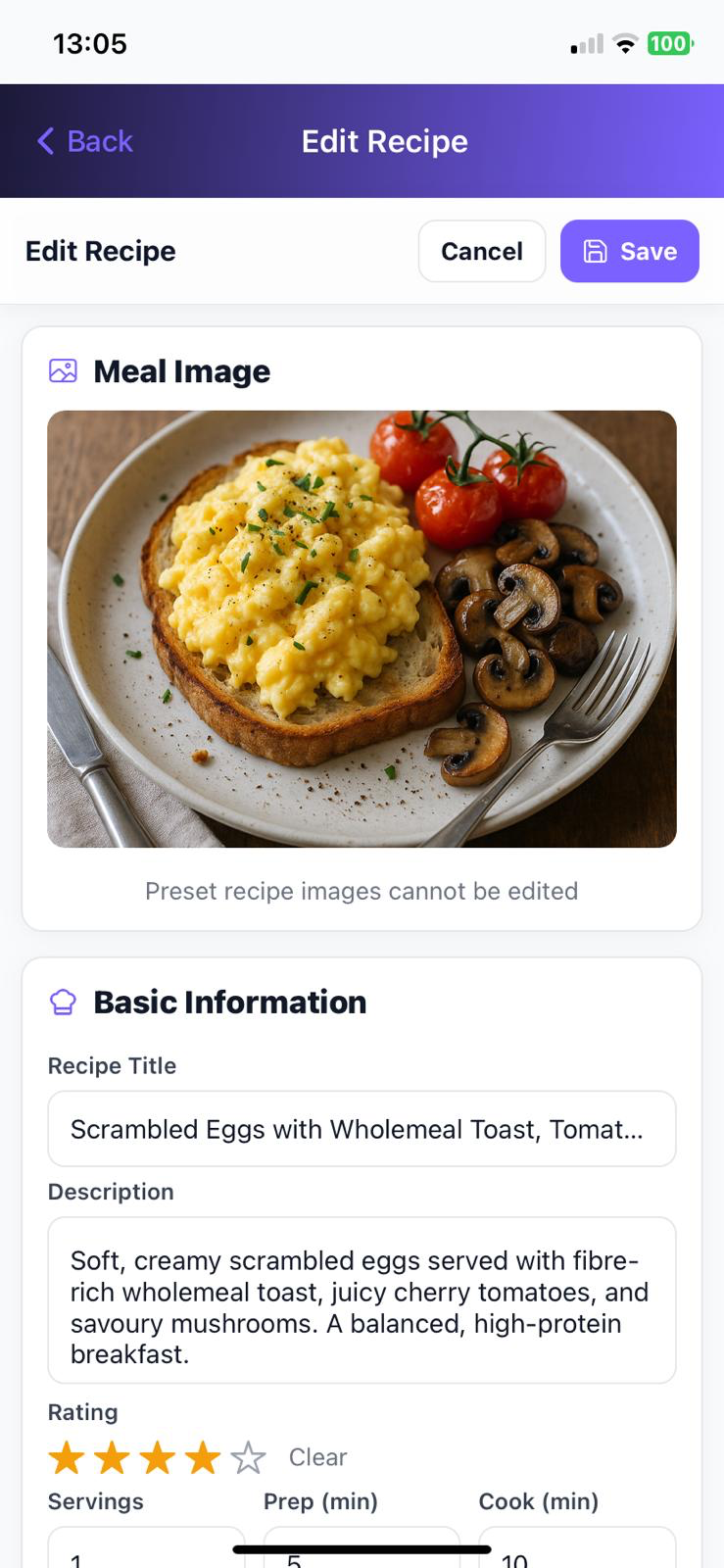 Fitrition Edit Recipe screen showing scrambled eggs with wholemeal toast meal