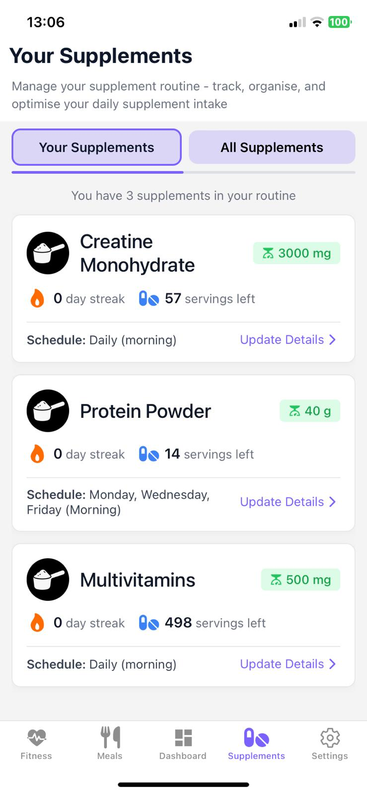 Fitrition Supplements screen showing supplement routine with Creatine, Protein Powder, and Multivitamins