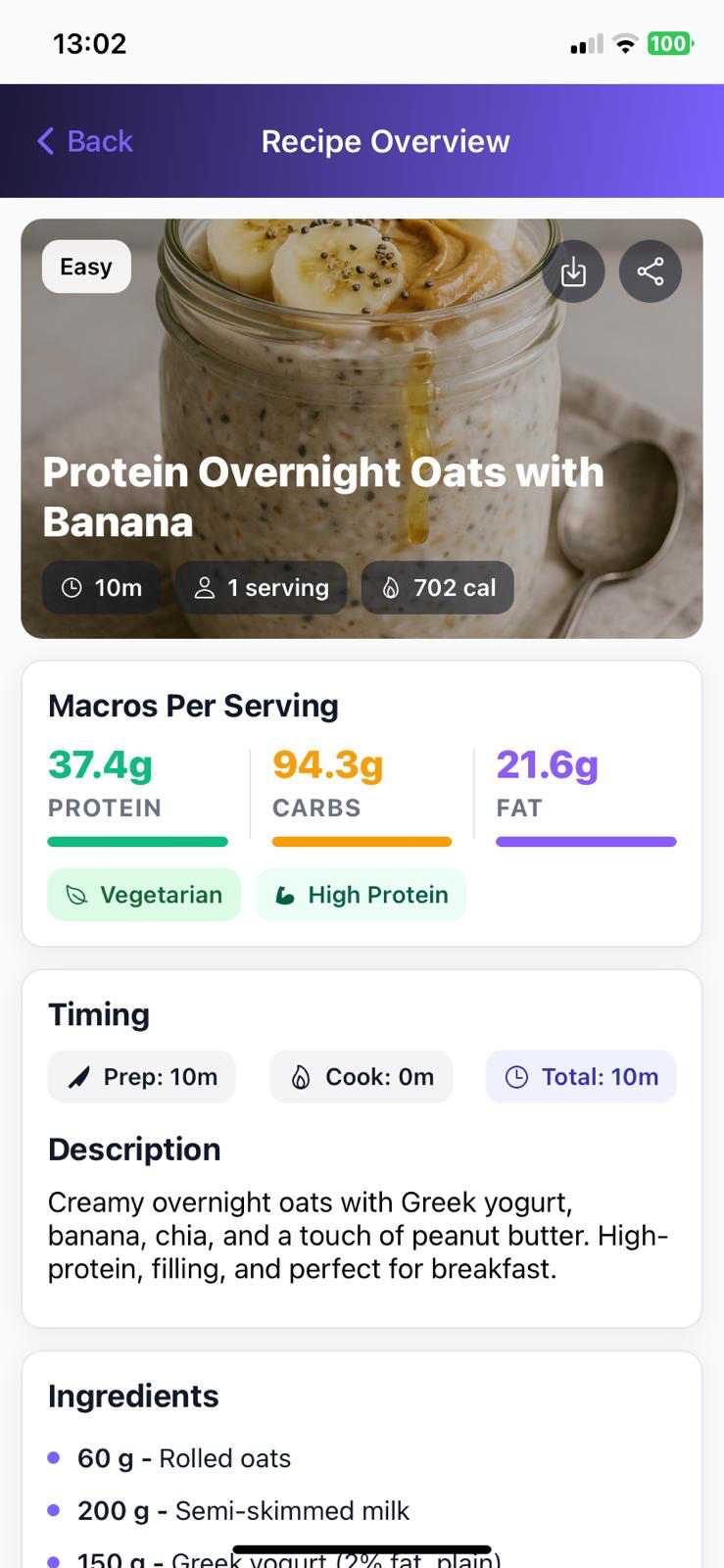 Fitrition Recipe Overview showing Protein Overnight Oats with macros and timing